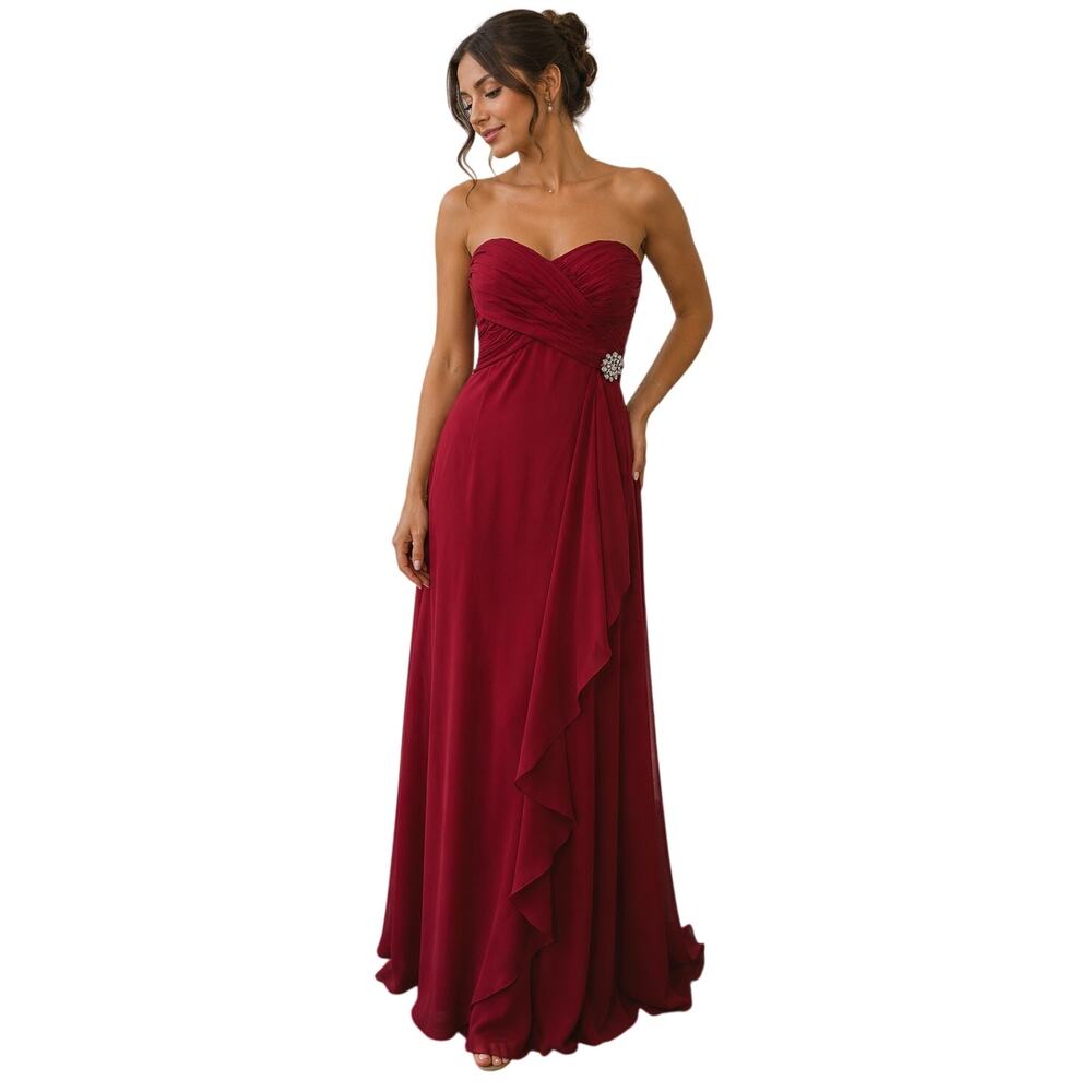 Belsoie Strapless Ruched Chiffon Formal Maxi Gown New Red Women's Size 18